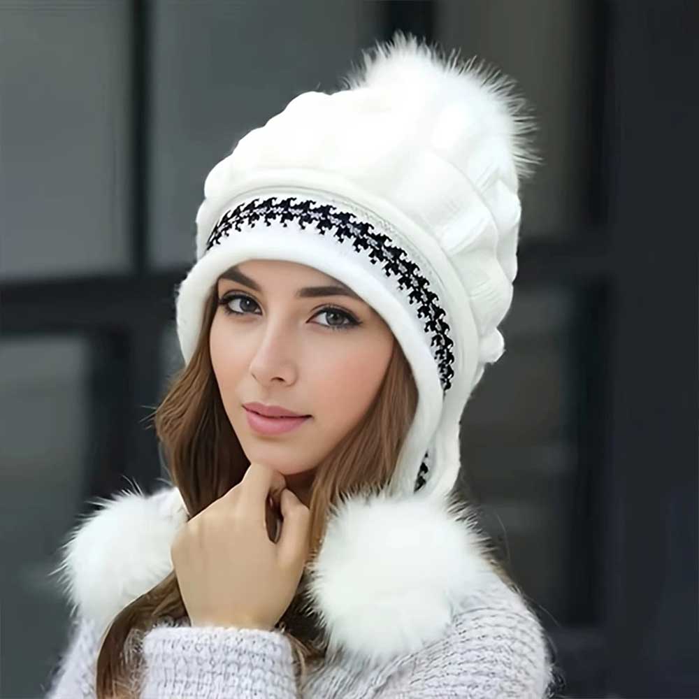 Knitted Beanie Hat with Ear Flaps & Pom Pom - Winter Ski Cap Warm White