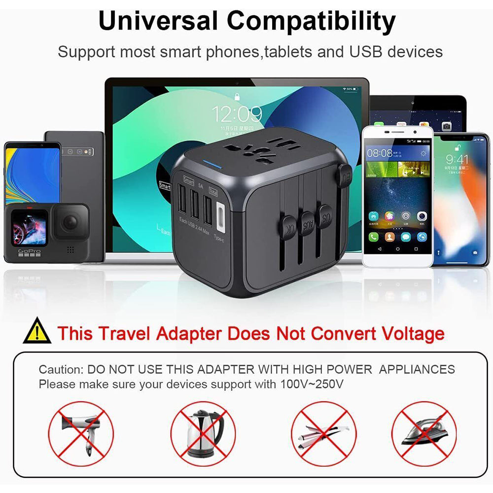 Universal World Travel Adapter 3 USB + Type-C Charger US/UK/EU/AU Plug Converter