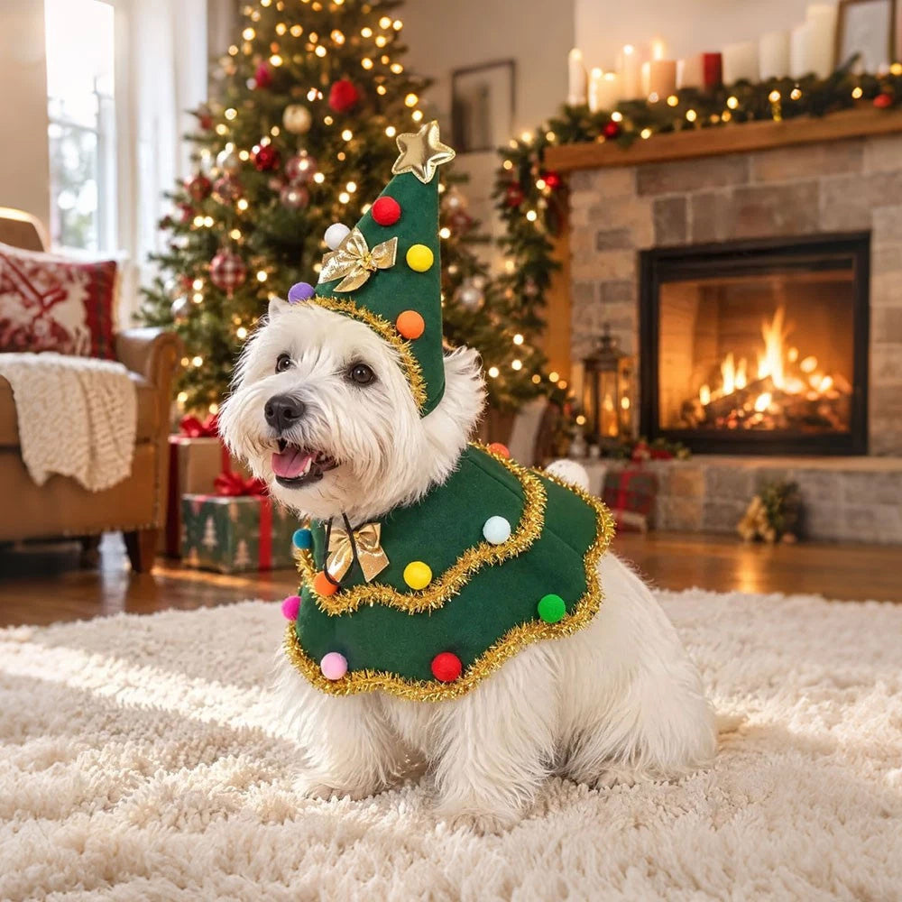 Christmas Tree Pet Cape – Festive Dog & Cat Costume with Pom-Pom Hat