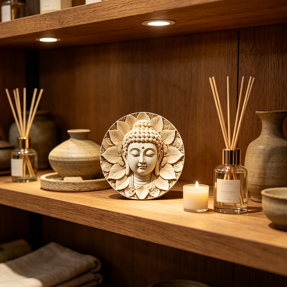 Wooden Buddha Head Plaque – Round Hanging Wall Decor for Indoor Outdoor Home Garden 20cm