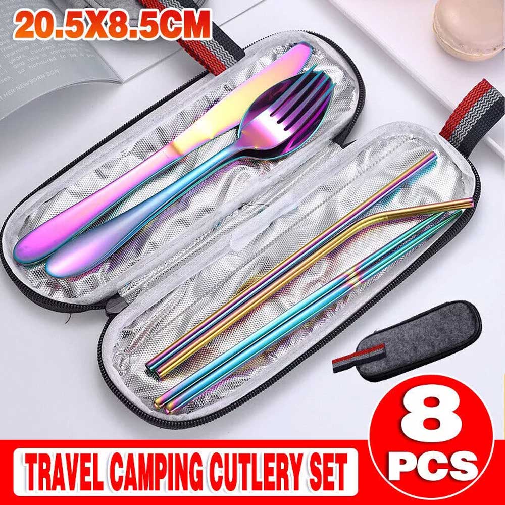 8PCS Portable Color Stainless Steel Tableware Dinnerware Travel Camping Cutlery Set