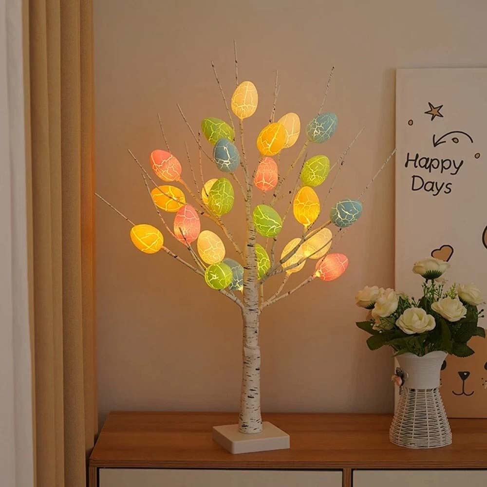 Easter LED Twig Tree - Pre-Lit Birch Light Up Decoration with 24 Colorful Eggs