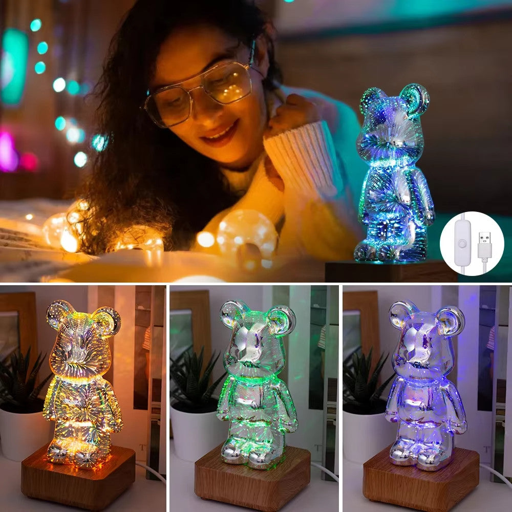 3D Firework Bear Lamp – USB LED Night Light 20cm, 7-Colour RGB Glow