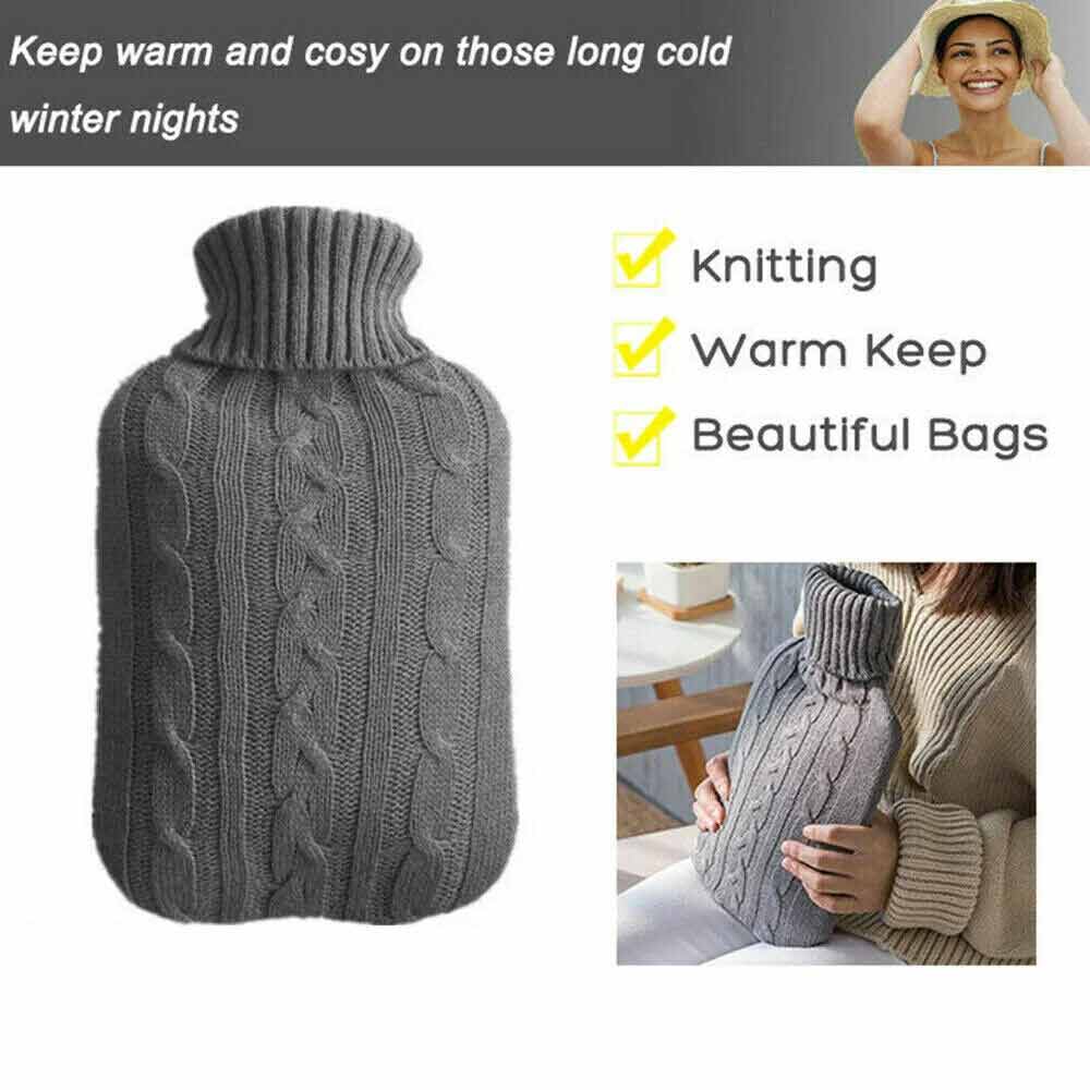 2L Hot Water Bottle Knitted Cover Winter Warm Rubber Bag Relaxing Warmer Grey