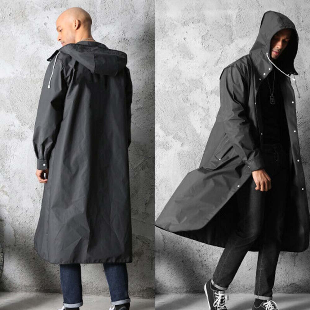 Mens Waterproof Long Raincoat Rain Coat Black Hooded Trench Jacket OutdoorHiking
