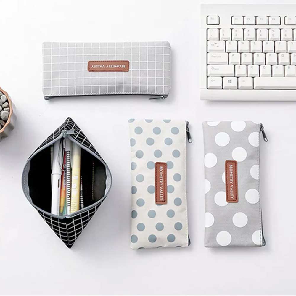 Grid Dots Canvas Pen Box Pencil Case Storage Bag Makeup Brush Pouch Stationery Gift
