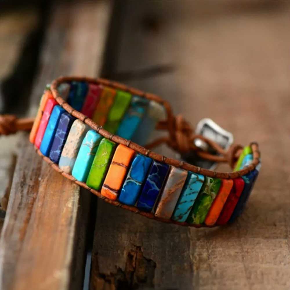 7 Chakra Bracelet Handmade Natural Stone Tube Beads Leather Wrap Women Bangle