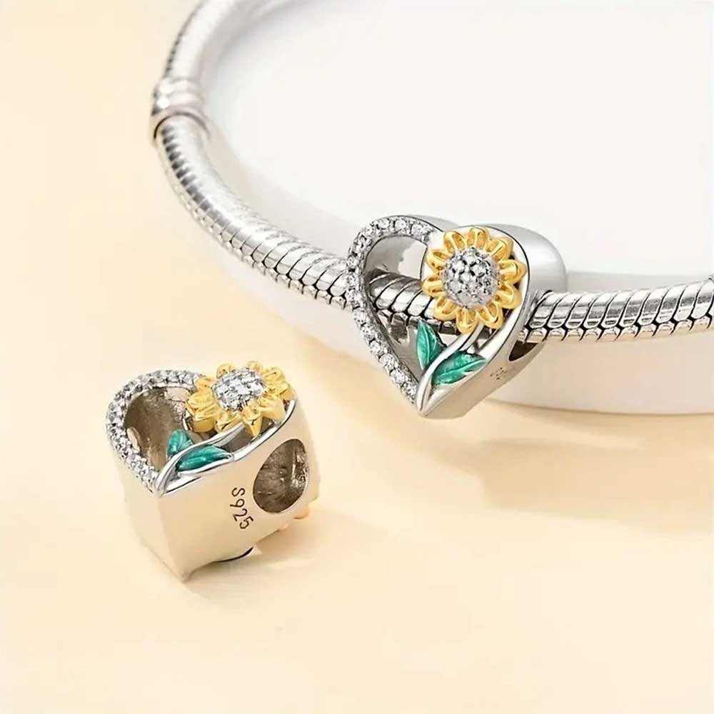 Sunflower Heart Charm For European Bracelets S925 Sterling Silver