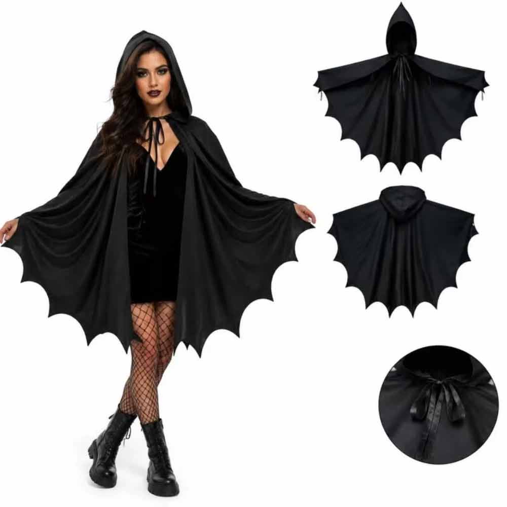 Halloween Bat Hooded Cloak – Medieval Gothic Cape Costume, Black 110x190cm