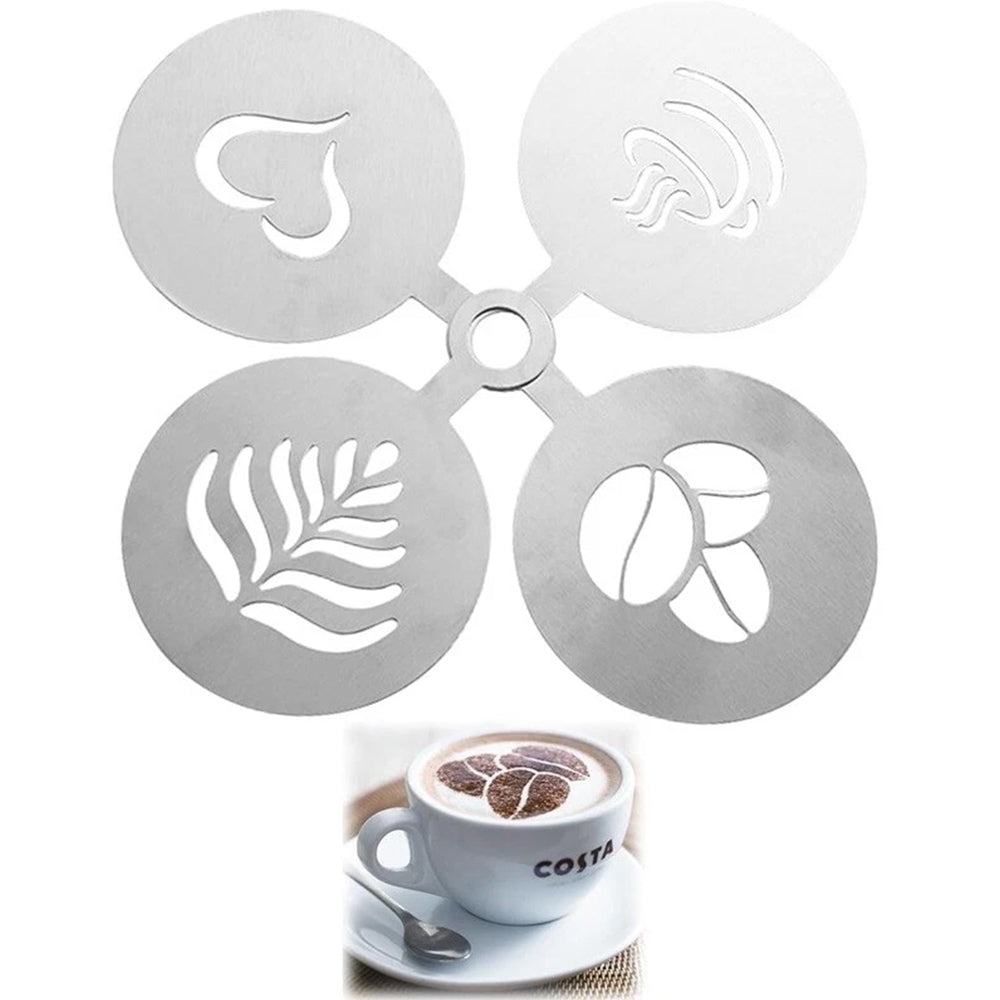 4x Barista Cappuccino Stencils - Stainless Steel Coffee Latte Art Templates