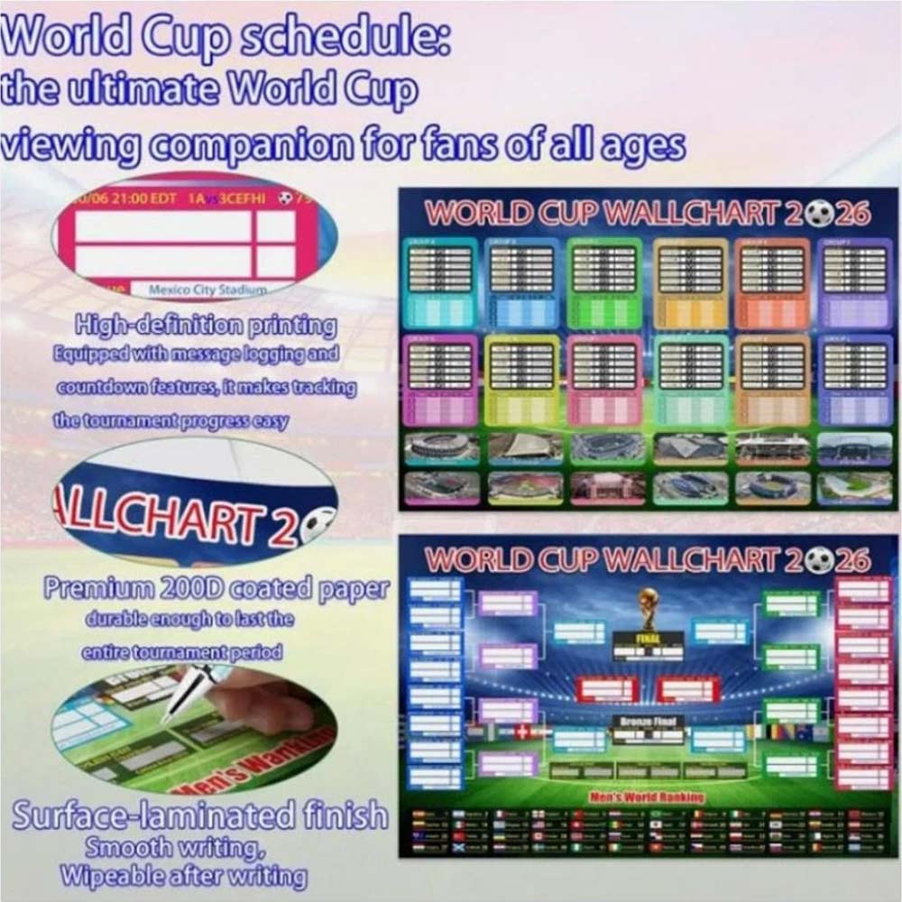 2026 World Cup Wall Chart – 2-Pack 87×58cm Foldable Football Schedule Poster