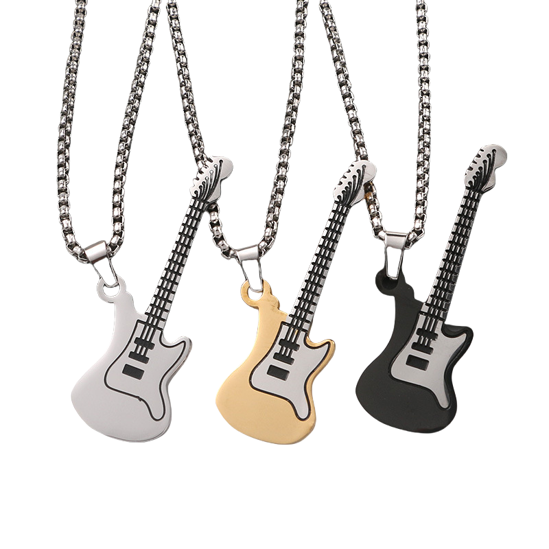 3-Piece Stainless Steel Music Guitar Pendant Necklace Set | Rock Style Unisex Jewelry Gift