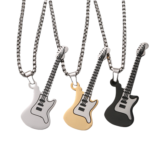 3-Piece Stainless Steel Music Guitar Pendant Necklace Set | Rock Style Unisex Jewelry Gift