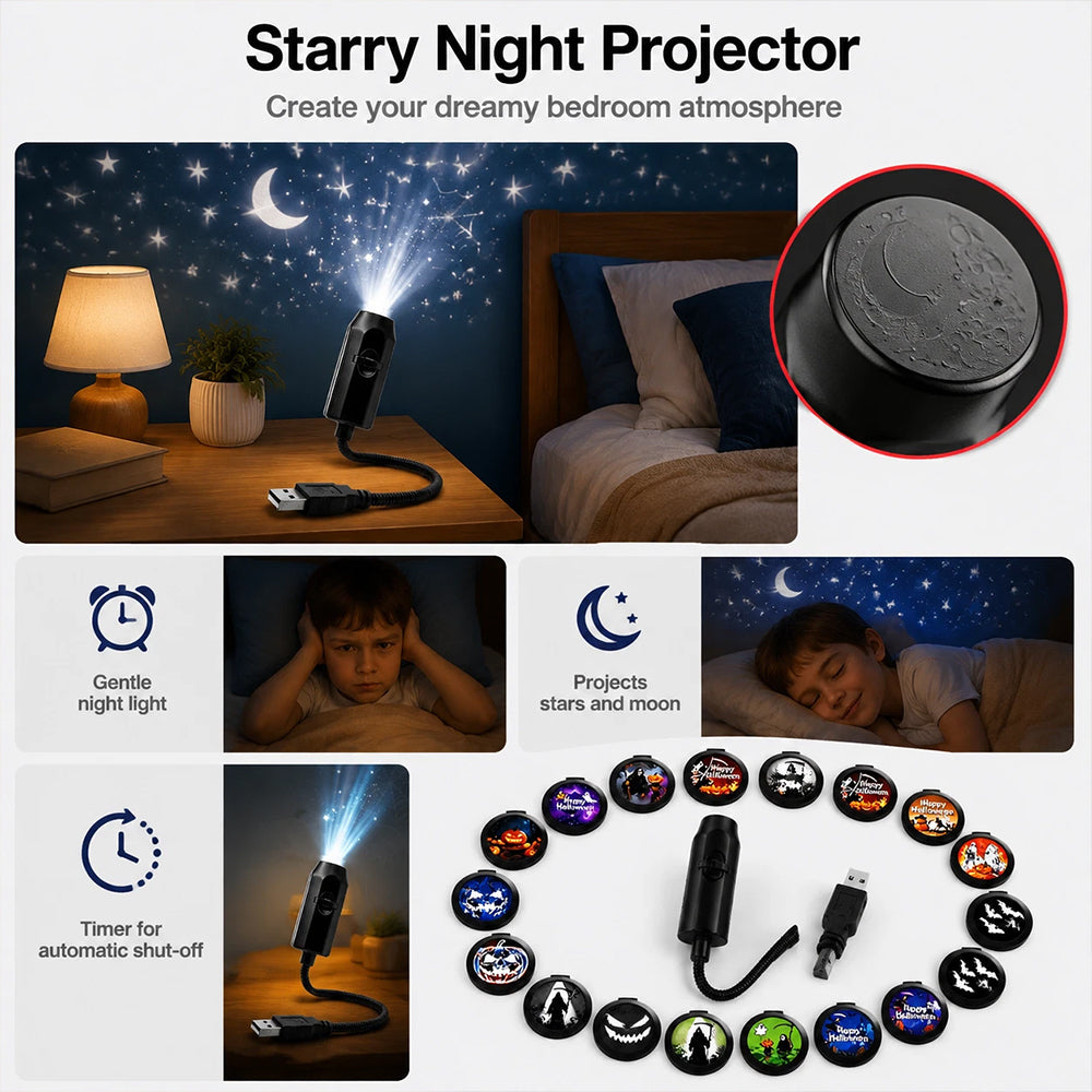 360° Rotating Star Projector – USB HD Night Light with Multiple Light Modes