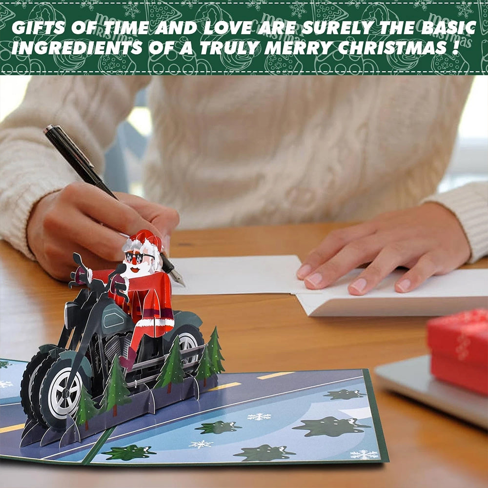 3D Pop-Up Christmas Card - Santa Claus on Motorbike Holiday Greeting Card