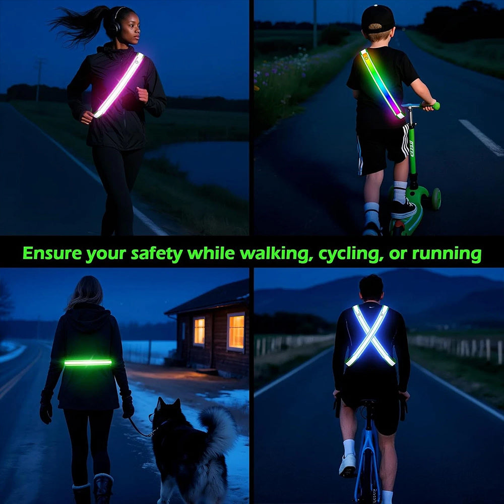 LED Reflective Sash – USB Rechargeable Flashing Safety Belt for Night Walking