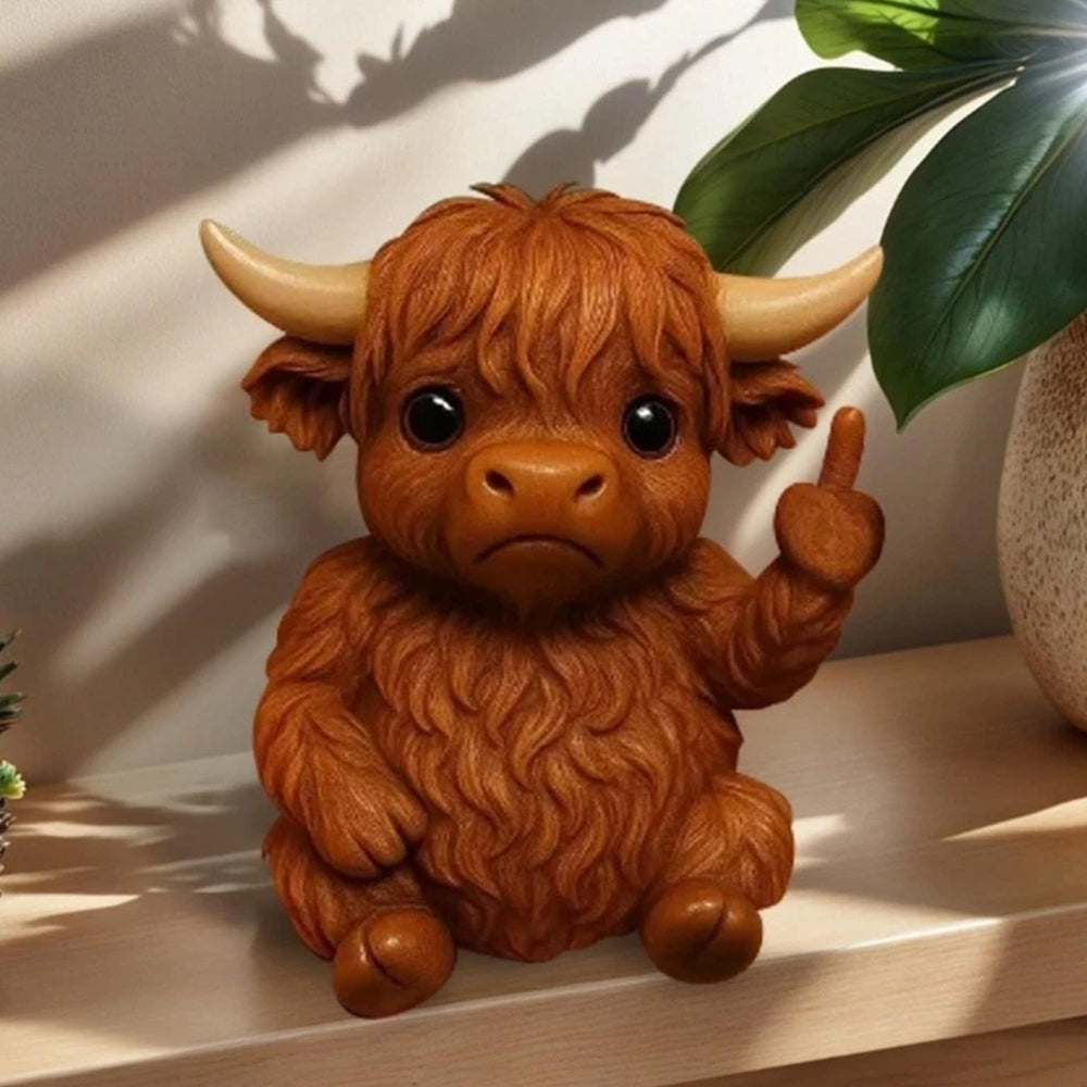 Sassy Middle Finger Highland Cow Statue - 3D Lifelike Resin Figurine for Desk Decor (7cm)