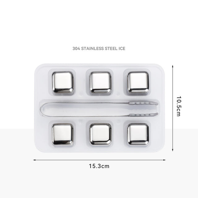 6Pcs Stainless Steel Whiskey Wine Stone Ice Cube With Tong Reusable Cooling Rock