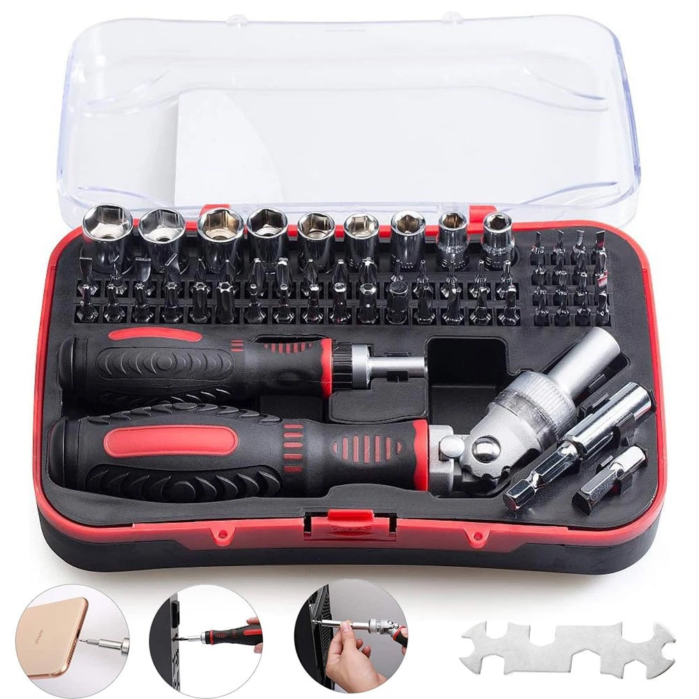 61-Piece Ratchet Screwdriver Set - 1/4" Hex Torx & Socket Kit with Right-Angle Handle