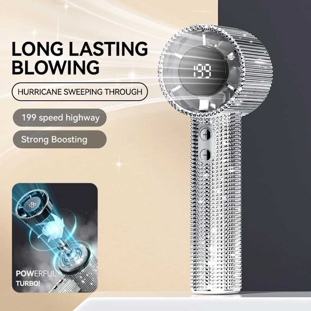S5 Full White Diamond Handheld Turbo Fan - 199-Speed Portable LED Display Mini Fan