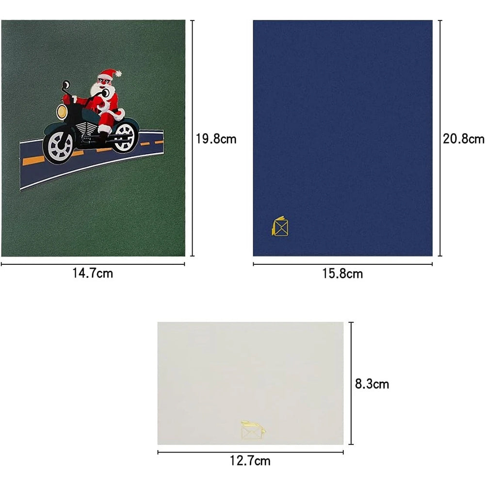 3D Pop-Up Christmas Card - Santa Claus on Motorbike Holiday Greeting Card