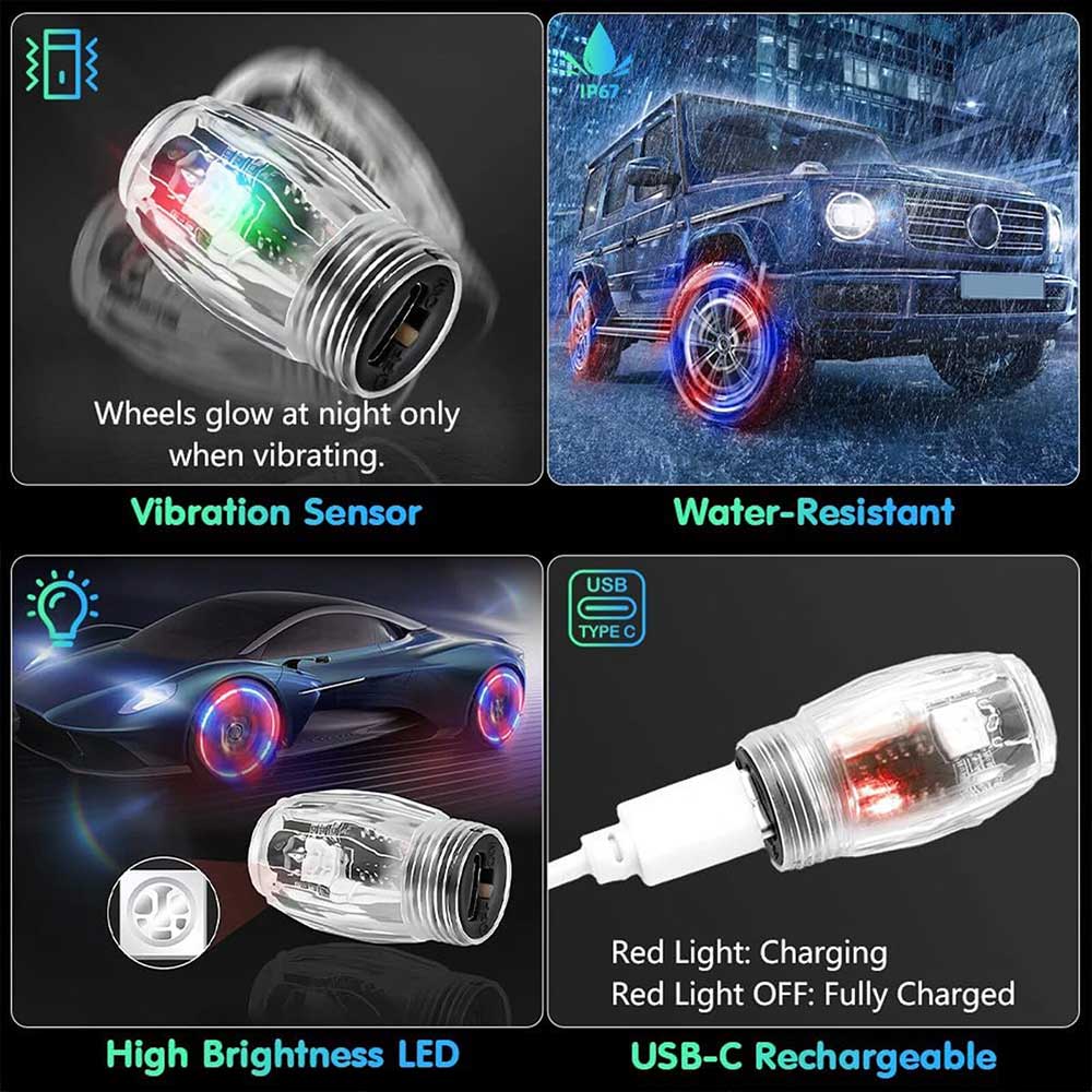 4-Pack LED Tire Valve Stem Cap Lights - Vibration-Activated Strobe Flash for Car, Truck, Motorcycle Wheels