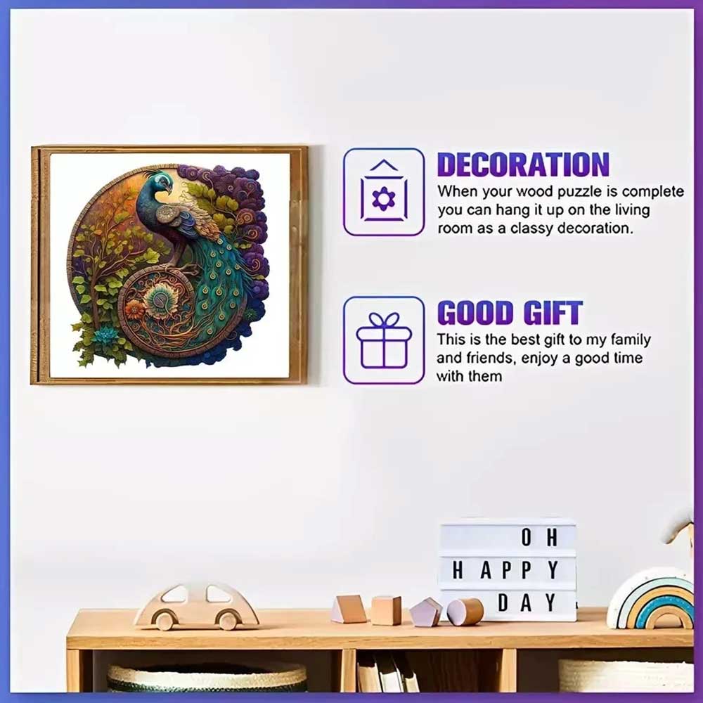 Peacock Round Wooden Jigsaw Puzzle – Artistic Decor & Relaxing Gift for Adults and Families