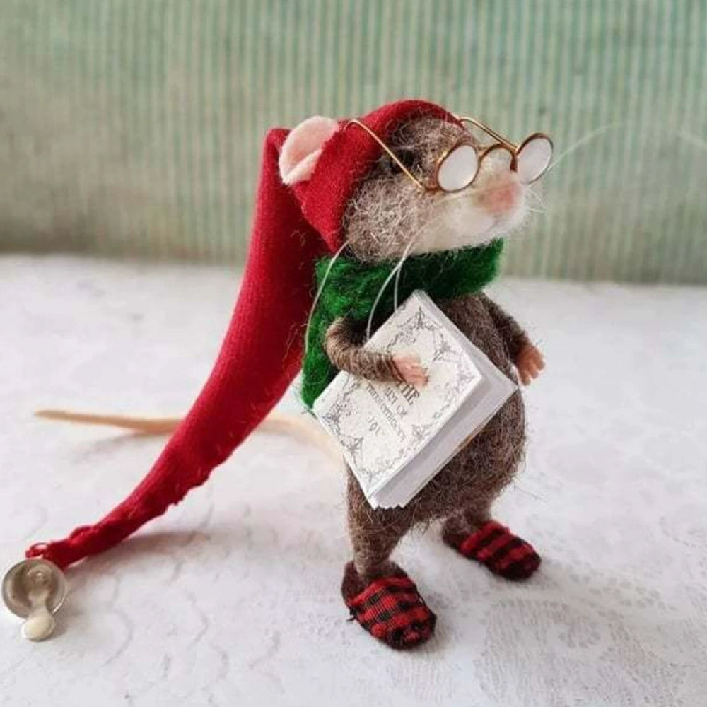 Handmade Needle Felted Christmas Mouse Ornament - Cozy 10cm Felt Animal Doll for Xmas Tree Decor