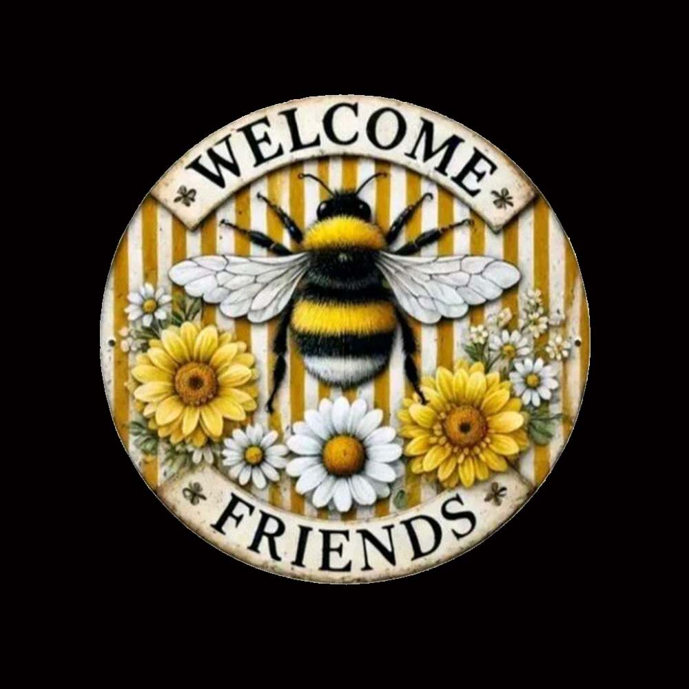 Acrylic Round Hanging Honey Bee Welcome Sign – Yellow Decorative Wall Art, 20cm