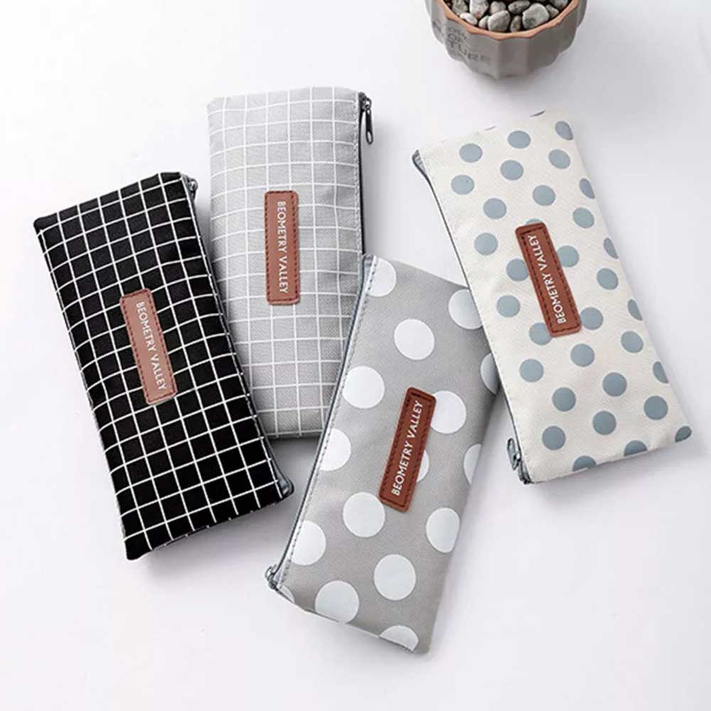 Grid Dots Canvas Pen Box Pencil Case Storage Bag Makeup Brush Pouch Stationery Gift