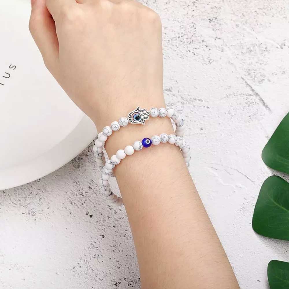 2Pcs Hamsa Evil Eye Bracelet Turquoise Beaded Sets Women Men Lucky Jewelry Gifts