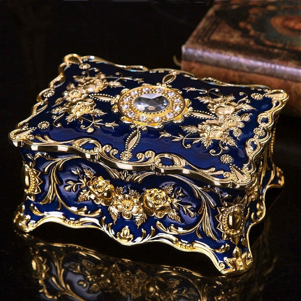 Jewellery Storage Box – Retro Alloy Organiser, Ring Necklace Case Blue
