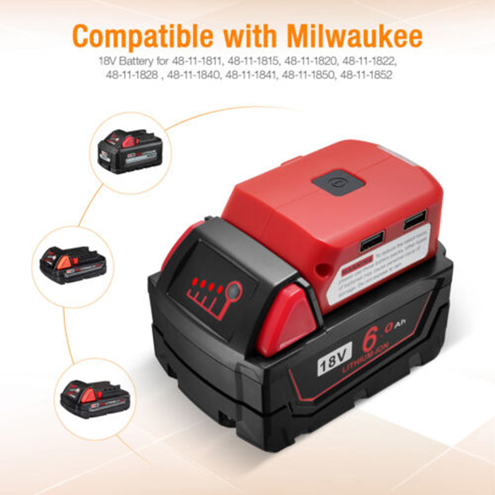Dual USB Port Phone Charger Adapter Li-ion Battery Fit Milwaukee 18V/20V Battery