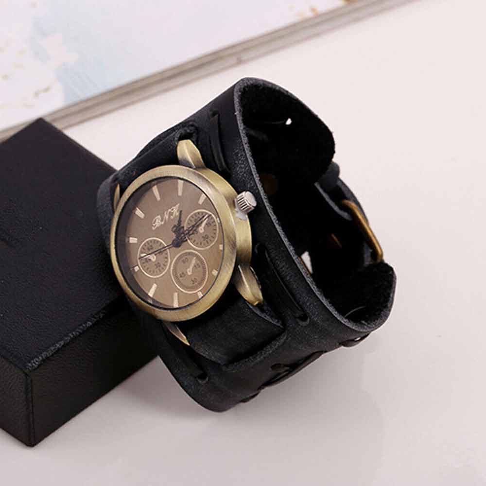 Retro Punk Rock Leather Bracelet Cuff Men Wrist Watch Wide Band Quartz Watch