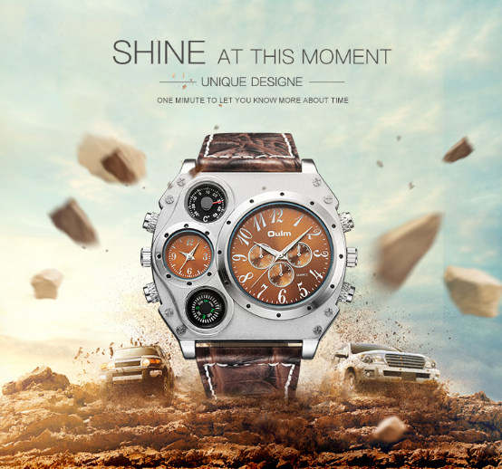 Men Army Sports Fashion Two Time Zones Big Dial Leather Strap Quartz Wrist Watch