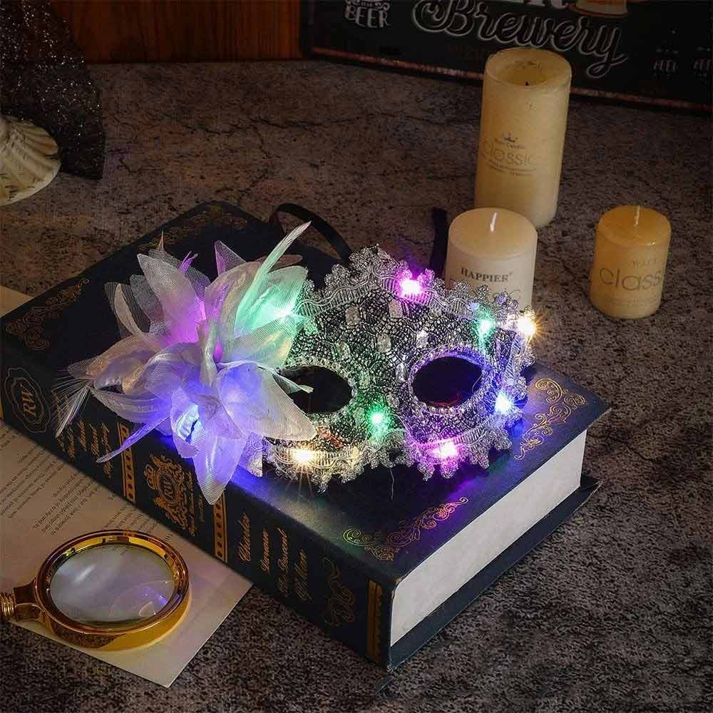 2X Random LED Masquerade Mask – Lace Venetian Light Up Mask with Side Flower for Women
