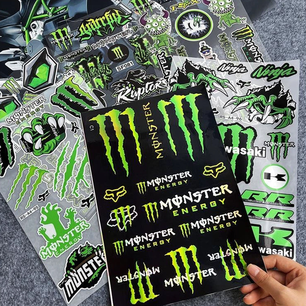 2 Sheets Monster Stickers – Motorbike Car Helmet Decals, DIY Bike Graphics Random