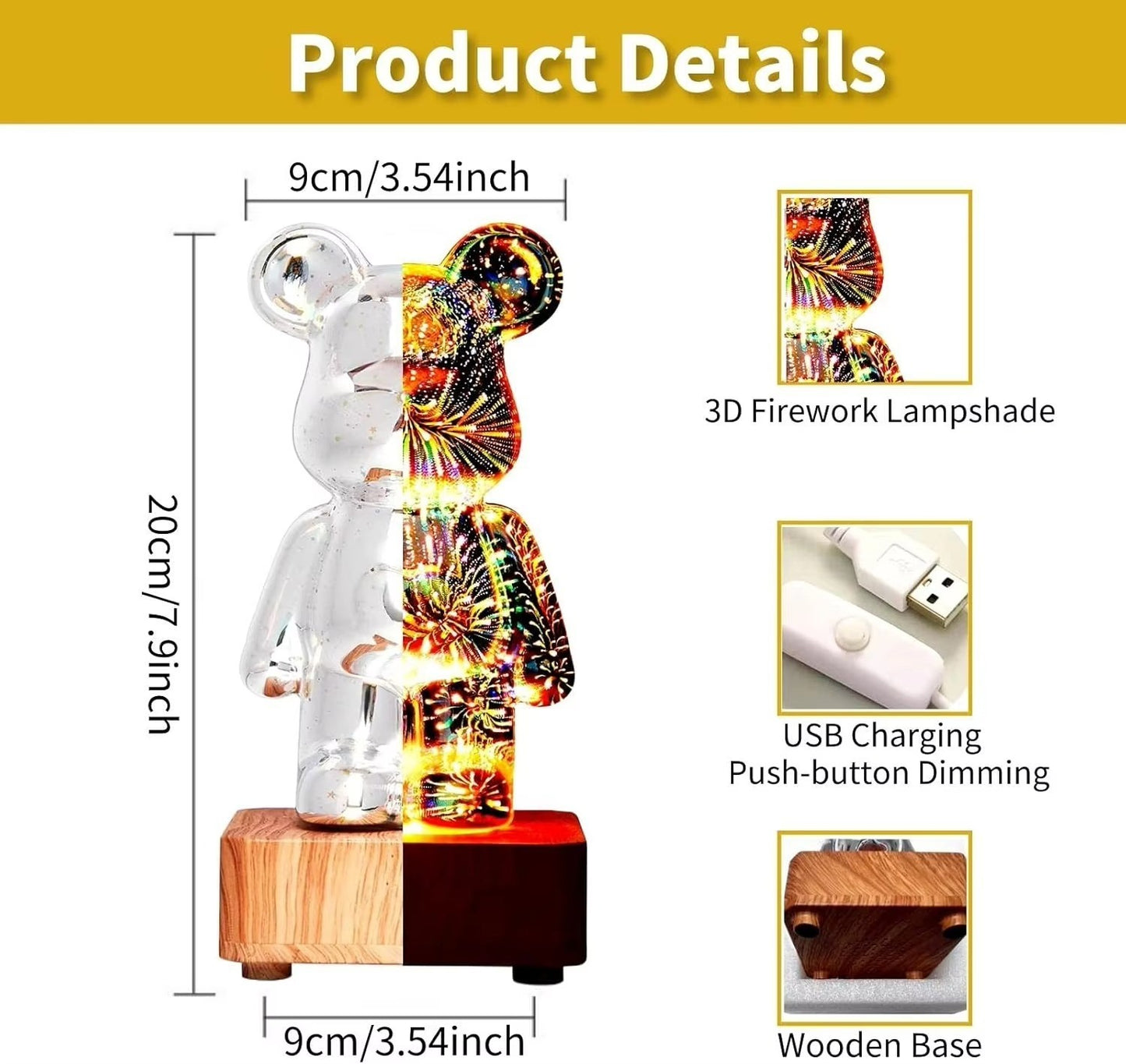 3D Firework Bear Lamp – USB LED Night Light 20cm, 7-Colour RGB Glow