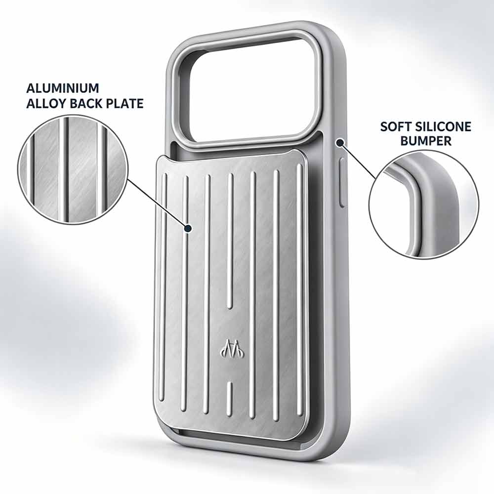 iPhone 18 Pro Case – Silver Aluminum-Look Cover with Grooved Back