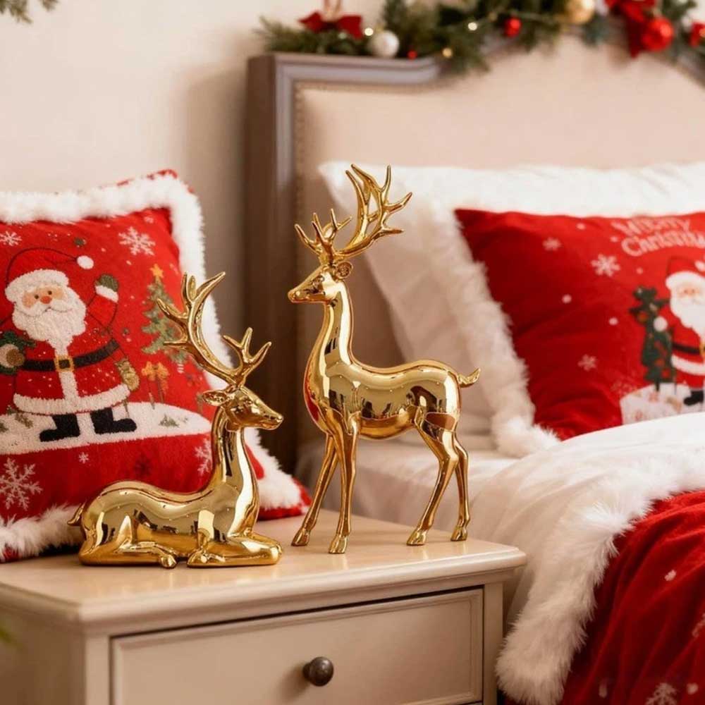2Pcs Gold Reindeer Statues - Christmas Table Figurines & Holiday Centerpieces