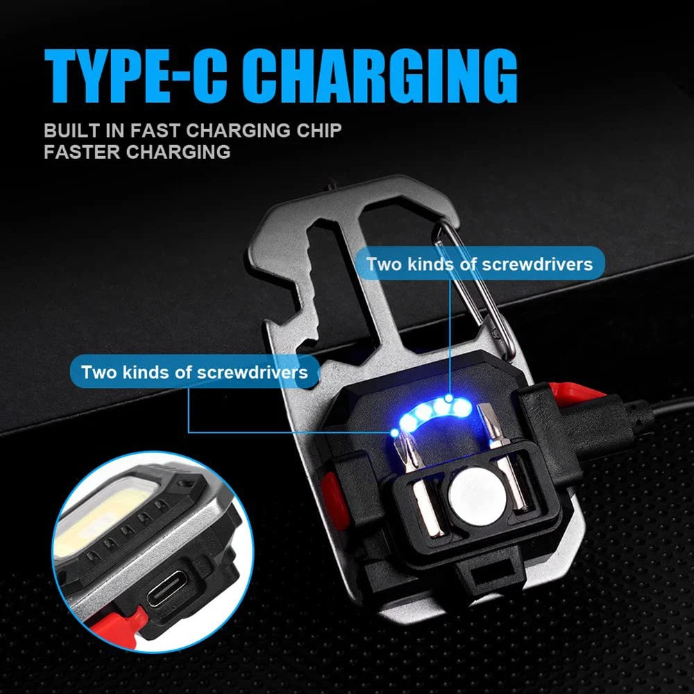 1x USB Rechargeable LED COB Work Light - Mini Keychain Torch with Magnet & 7 Modes