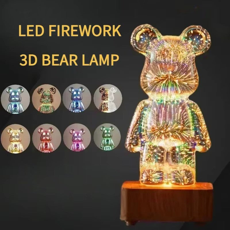 3D Firework Bear Lamp – USB LED Night Light 20cm, 7-Colour RGB Glow