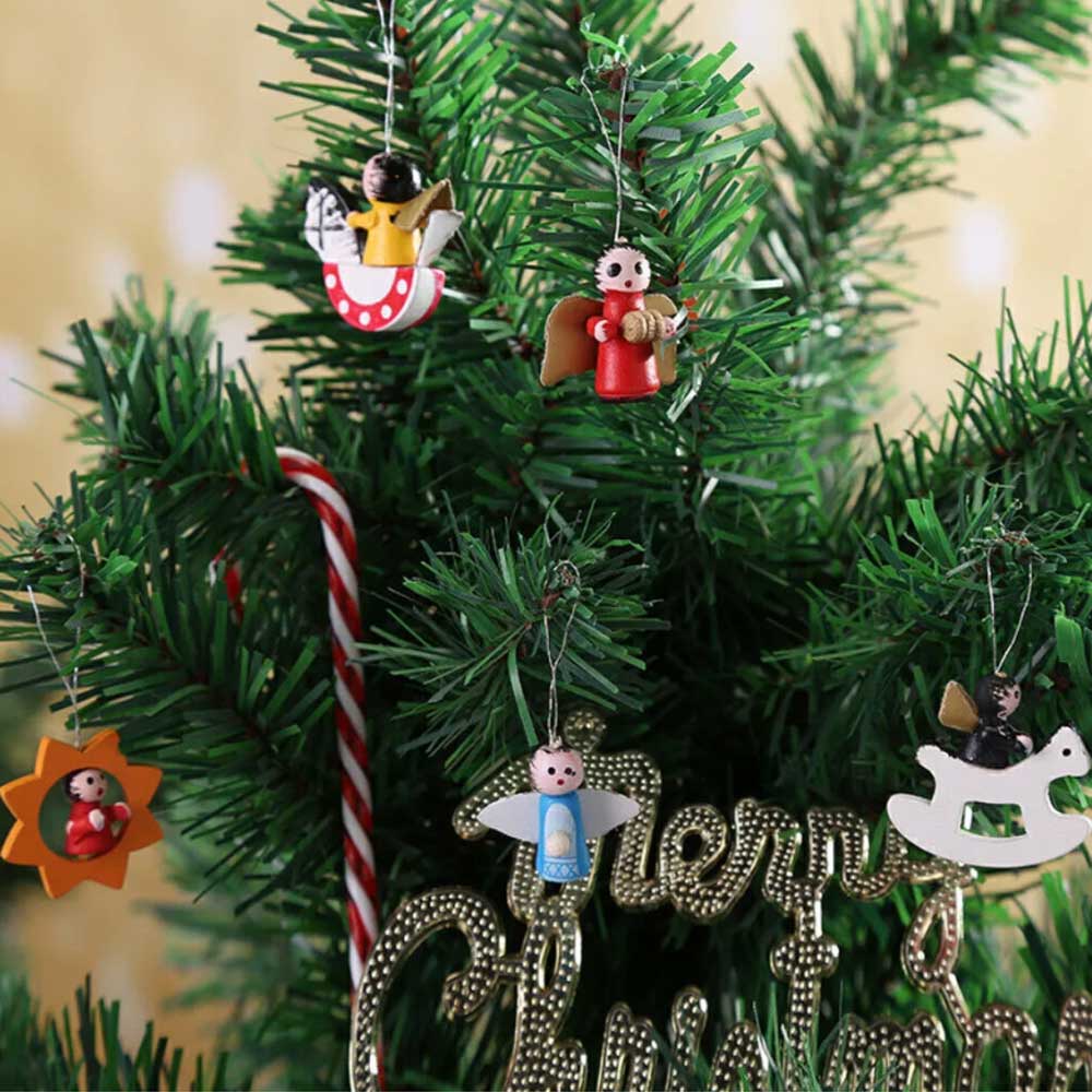 Miniature Wooden Christmas Tree Decor Figures Pendant Hanging Xmas Ornament Set
