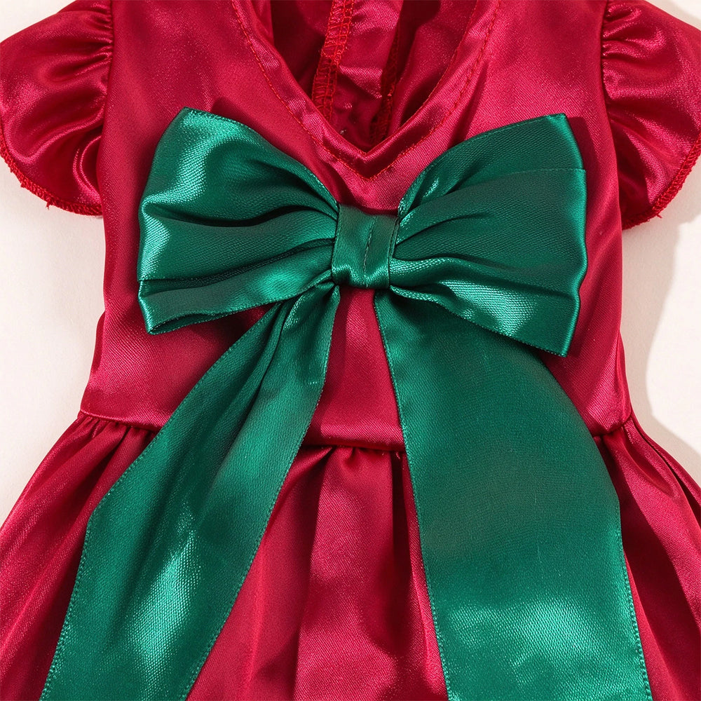 Christmas Pet Outfit – Red & Green Dog Dress with Bow & Flower Headpiece FOR 2-3kg