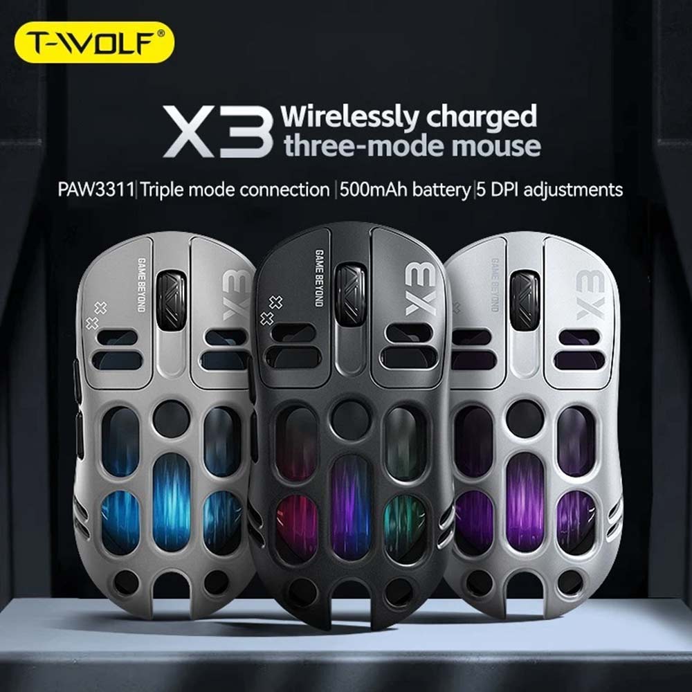 RGB Gaming Mouse TWOLF X3 - PAW3311 12000 DPI, Tri-Mode Wireless/Wired, 500mAh