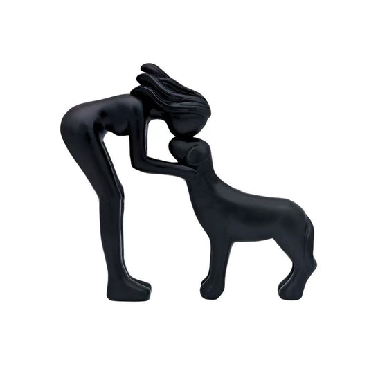 Black Minimalist Human & Dog Statue - 3D Printed Figurine for Pet Lovers, Hand-Like Pose Home Decor