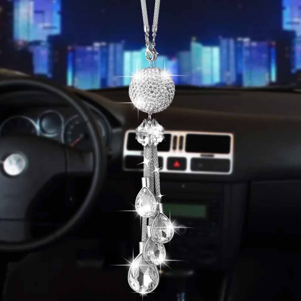White Crystal Disco Ball Charm Hanging Ornament Car Rear View Mirror Pendant