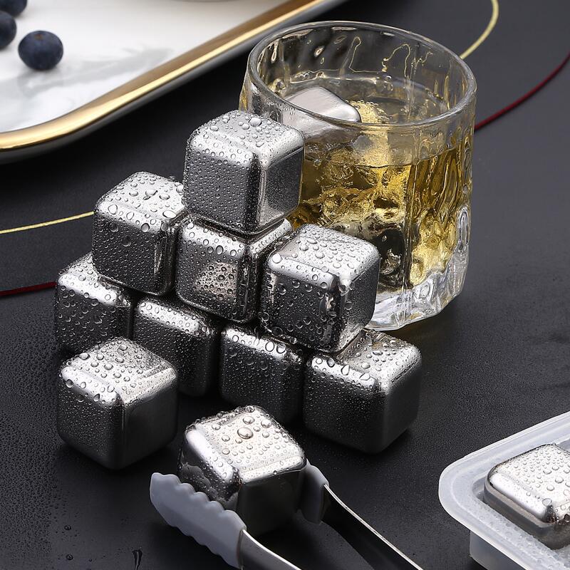 6Pcs Stainless Steel Whiskey Wine Stone Ice Cube With Tong Reusable Cooling Rock