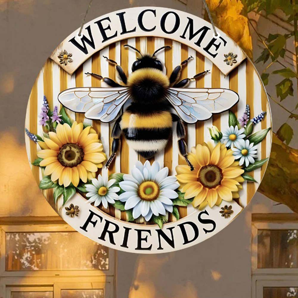Acrylic Round Hanging Honey Bee Welcome Sign – Yellow Decorative Wall Art, 20cm