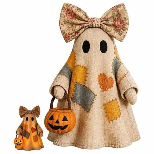 Lighted Patchwork Ghost – 10cm Vintage Halloween Decor with Pumpkin Lantern